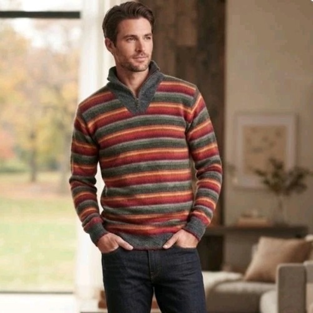 Novica 100% Alpaca Sweater Men Large Multicolor Striped Quarter Zip Pullover
